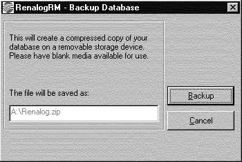 The Backup window is displayed. 3. Select Backup to back up the database file to the selected drive displayed in the backup path.