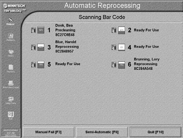 Renalog RM User Guide The Process Dialyzers menu is displayed. 4. Select Automatic Reprocessing.