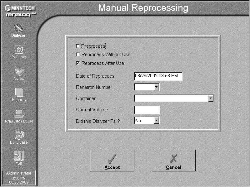 Renalog RM User Guide The Manual Reprocessing edit window is displayed with the Reprocess After Use check box selected. 7.