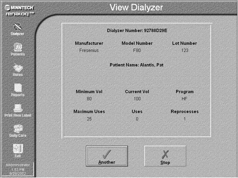 Renalog RM User Guide 3. Highlight the row with the patient and dialyzer you want to view and double-click or press Enter to select it.
