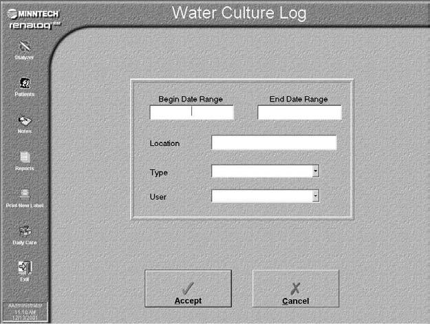 Work with Reports The Water Culture Log window is displayed. 4. Enter the starting date of the range for the water culture statistics you want to generate in the report in the Start Date Range field.