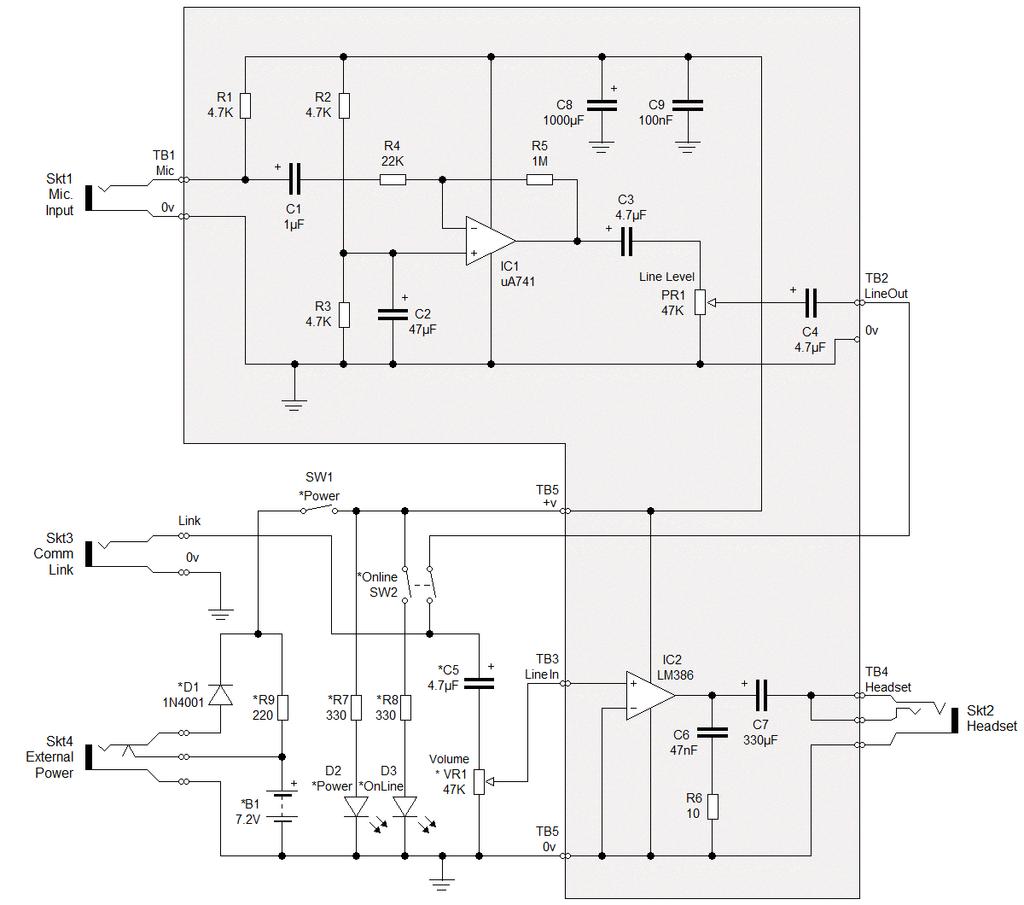 1.2 CIRCUIT DIAGRAM The components marked with * are not mounted on the PCB. They are the extra optional components to tailor the module to function as an intercom.