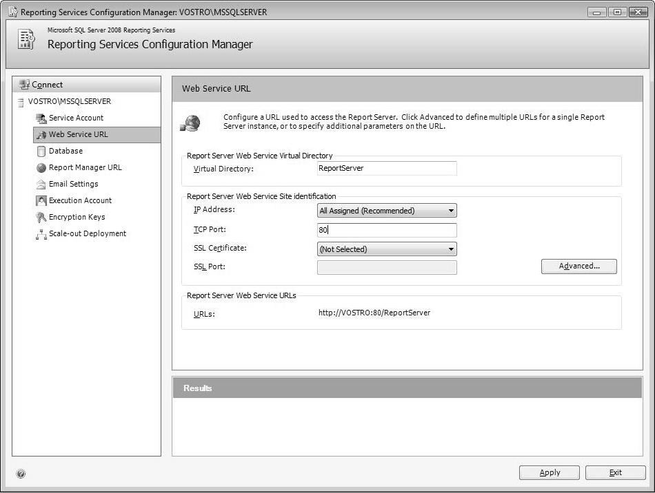 4 Part III: Retrieving Data from Databases Figure 9-3: Configuring the SSRS Web Service.