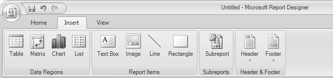 8 Part III: Retrieving Data from Databases Laying out the report After you ve added a data source for your report, you may use the various items on the Insert Ribbon of Report Builder to add elements
