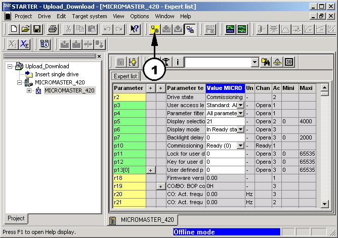 4.4.2 Going online Fig. 4.4.2: 1. Click on the Connect to target system button to go online. Fig. 4.4.2 4.4.3 An online connection is established Fig.