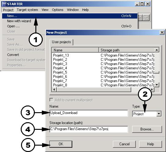 4.2 Generating a new project Fig. 4.2.1: 1. In STARTER, select Project => New. 2. Under type, select Project. 3. Enter Upload_Download as the project name (any name can be used). 4. If required, change where the project is saved if you require another setting besides the default setting (e.