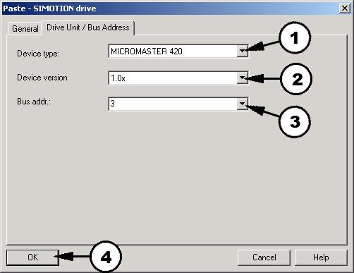 4.2.2 Selecting and configuring a drive Fig. 4.2.3: 1. Select the drive (20). 2. Select the device version of the drive (firmware Version r0018). 3.