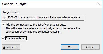 Select the target for the HA device discovered from the partner StarWind node and click