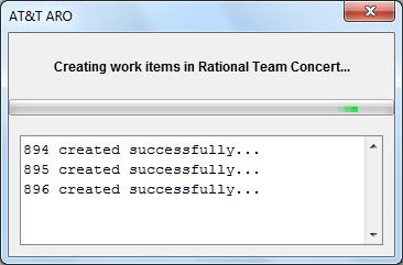 Figure 5-9: Progress dialog showing test results being exported to IBM Rational Team Concert.