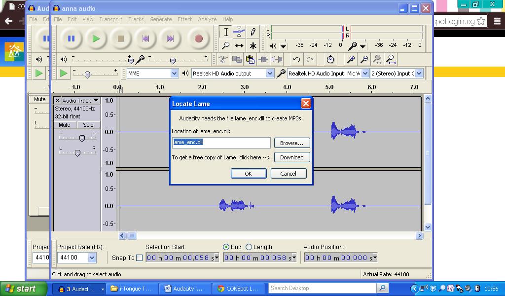 For the first time you export as an mp3 file. If you have just installed your audacity program, the first time you export to mp3 files, you may need to download the lame_enc.dll file at this stage.