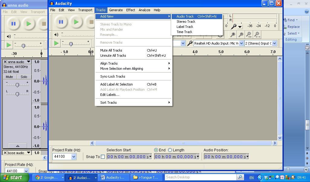 (see red arrow) Open a new audacity window (File, New) for your itongue mixed track.