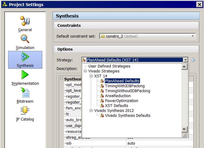 X-Ref Target - Figure 3-8 Figure 3-8: Selecting XST Synthesis Strategies Configuring Implementation To modify Implementation Project Settings, do one of the following: In the Flow Navigator, select