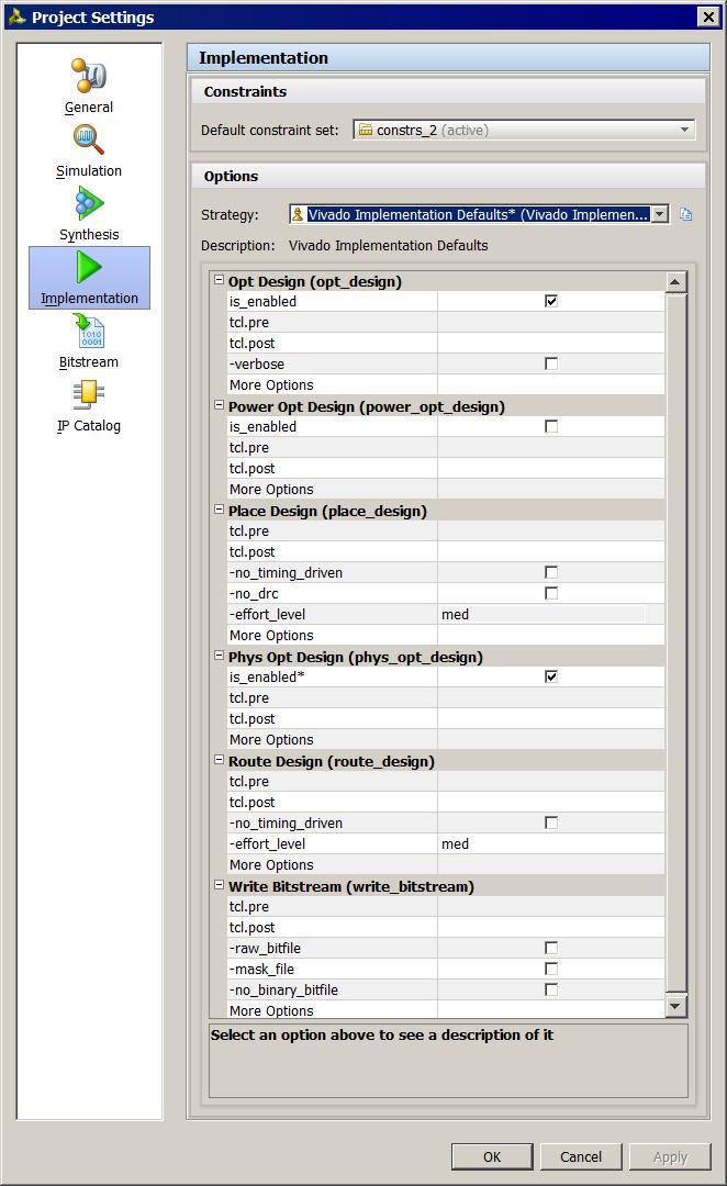 X-Ref Target - Figure 3-9 Figure 3-9: Setting Implementation Project Settings In the Implementation Project Settings dialog box, select the constraint set and strategy to