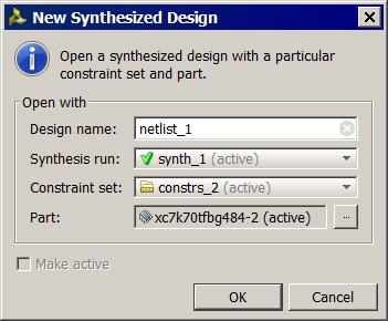 You can open the synthesized netlist with the active constraint set and the target device, or specify an alternative constraint set and target device to open the Synthesized Design in memory.