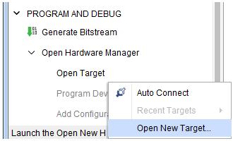 36: Open Target command ˆ Use Tcl commands to open a connection to a hardware target. 6. Click on the Open New Target command.