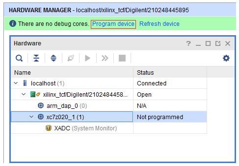 CHAPTER 8. DESIGN IMPLEMENTATION Figure 8.43: Program device option from the Hardware Manager view In the Program Device window, click Program to program your device, see Figure 9.44. Figure 8.44: Program Device window Note: As a convenience, Vivado IDE automatically uses.