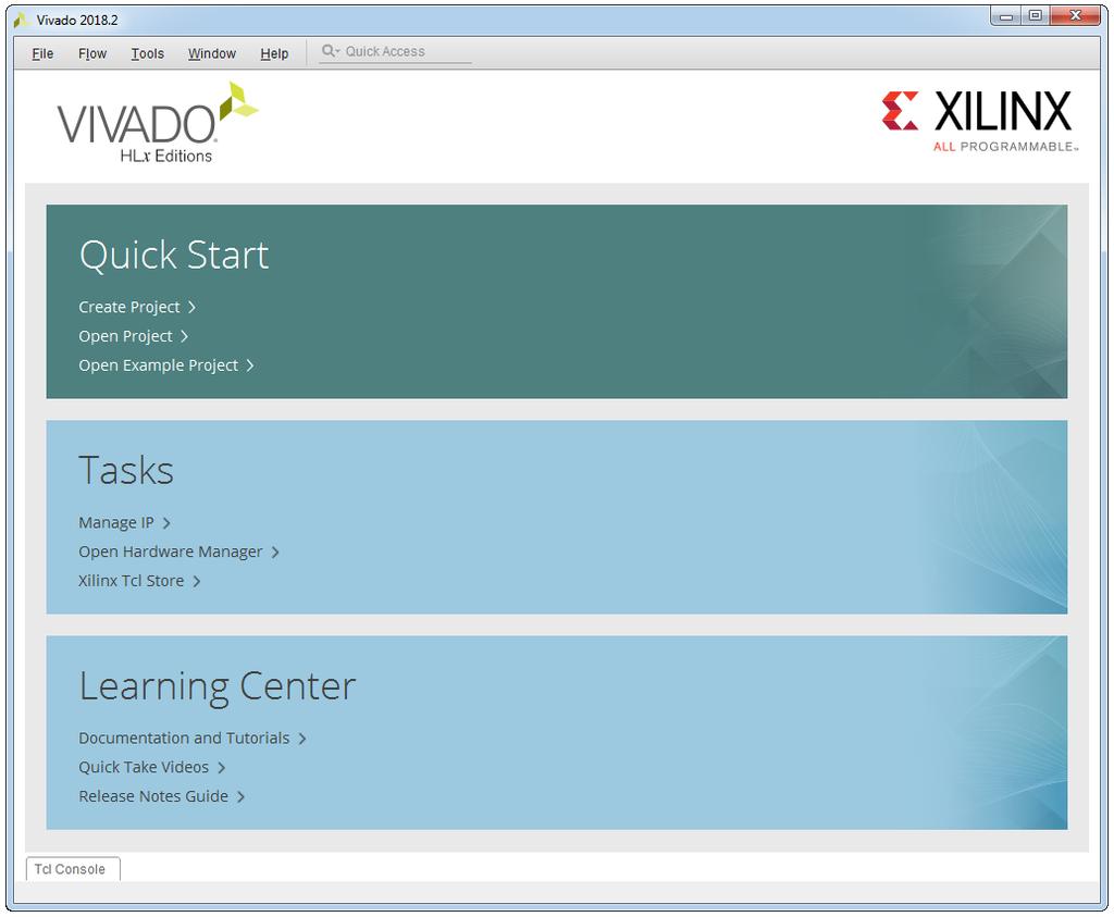CHAPTER 2. SELECTOR To create a new project: - Launch the Vivado software: Select Start -> All Programs -> Xilinx Design Tools -> Vivado 2018.2 -> Vivado 2018.