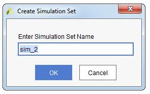 CHAPTER 3. COUNTER Figure 3.2: Create Simulation Set option - In the Create Simulation Set dialog box, enter a name for the new simulation set or leave sim_2 as a name and click OK. Figure 3.3: Create Simulation Set dialog box - In the Add or Create Simulation Sources dialog box, under the new sim_2 simulation set, use Add Files.