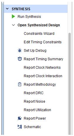 CHAPTER 6. MODULATOR Summary, Report Clock Networks, Report Clock Interaction, Report DRC, Report Noise, Report Utilization, Report Power and Schematic options, see Figure 8.6. Figure 6.