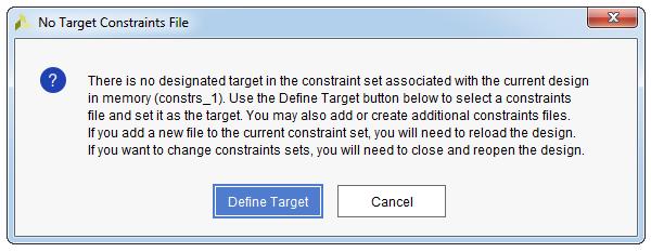CHAPTER 8. DESIGN IMPLEMENTATION 2. When the No Target Constraints File dialog box appear, see Figure 10.9, just click Dene Target option to associate current design with constraints le. Figure 8.