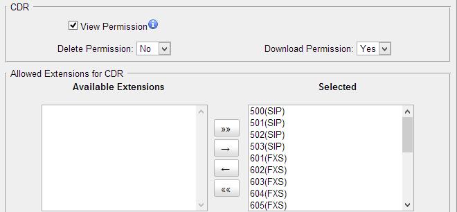 Figure 6-3 CDR Permissions for FXS Extensions Auto Recordings View Permission: the permission to check auto recordings.