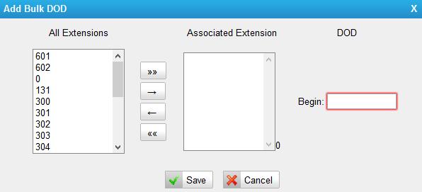 Add a DOD Fill in DOD number and choose associated extension, then click to add one DOD number. Add Bulk DOD Click to add DOD numbers in bulk.