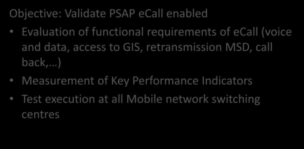 Suitability for use Objective: Validate PSAP ecall enabled Evaluation of functional requirements of ecall (voice and data, access to GIS,