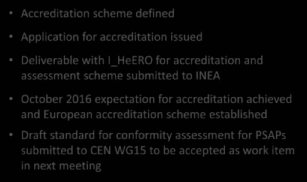 Achievements Accreditation scheme defined Application for accreditation issued Deliverable with I_HeERO for accreditation and assessment scheme submitted to INEA October 2016 expectation for