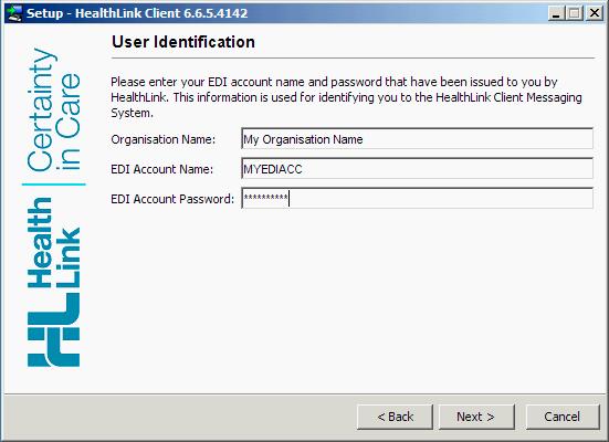 On the User Identification screen, enter the name of your Organisation, the EDI Account and the EDI Account Password into the fields provided, then Click the Next Button. Choose the connection type.