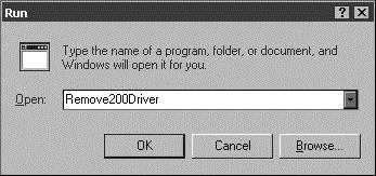 1. Start your PC and run Windows 95. 2. Click the Start button from the Windows 95 desktop. 3. Click Run from the Start menu. The Run dialog box appears. 4. Type Remove200Driver then click OK.