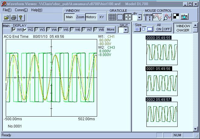 3.2 Analyzing History Waveforms Selecting WINDOW CHASER Click WINDOW CHASER. Highlighted when [WINDOW CHASER] is turned ON Click here Page scroll Displays waveform No.