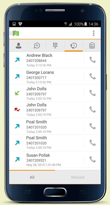 8 Call History Call history can be accessed from the History tab. The application saves a call history for all and missed calls.