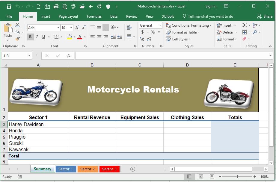 Consolidate Data by Position 1. Open the Chapter 4 folder, and then open the Motorcycle Rentals file. 2. Make sure that Summary is the active tab; then select cell B3. 3.