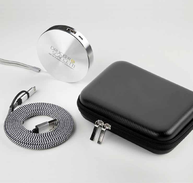 6,000 mah metal disc power bank with 2-in-1 charging cable and UL Listed 1A wall adapter tech gift set, packaged in a nice zipper case.