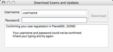 The initial screen prompts the user for their Securexam/PlanetSSI user name and password: The download button