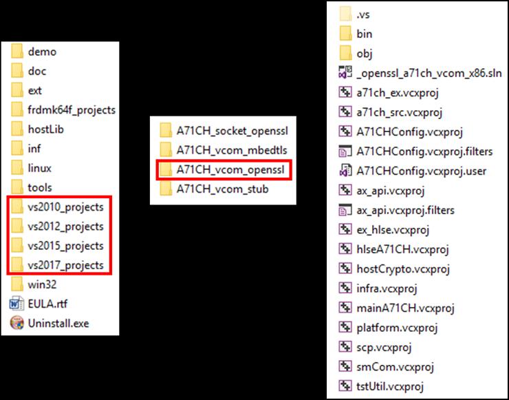 Fig 31. Localization of the Visual Studio A71CH projects in the Host Library. To configure the virtual COM address into the A71CHConfig project, do the following: 1.