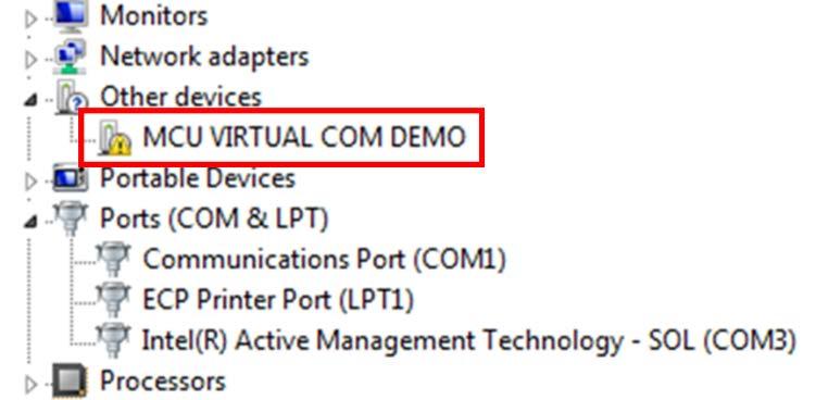 Fig 54. Device not detected correctly. In order to update the drivers, follow the next steps: 6. Right-click on MCU VIRTUAL COM DEMO. 7. Click on Update Driver. 8.