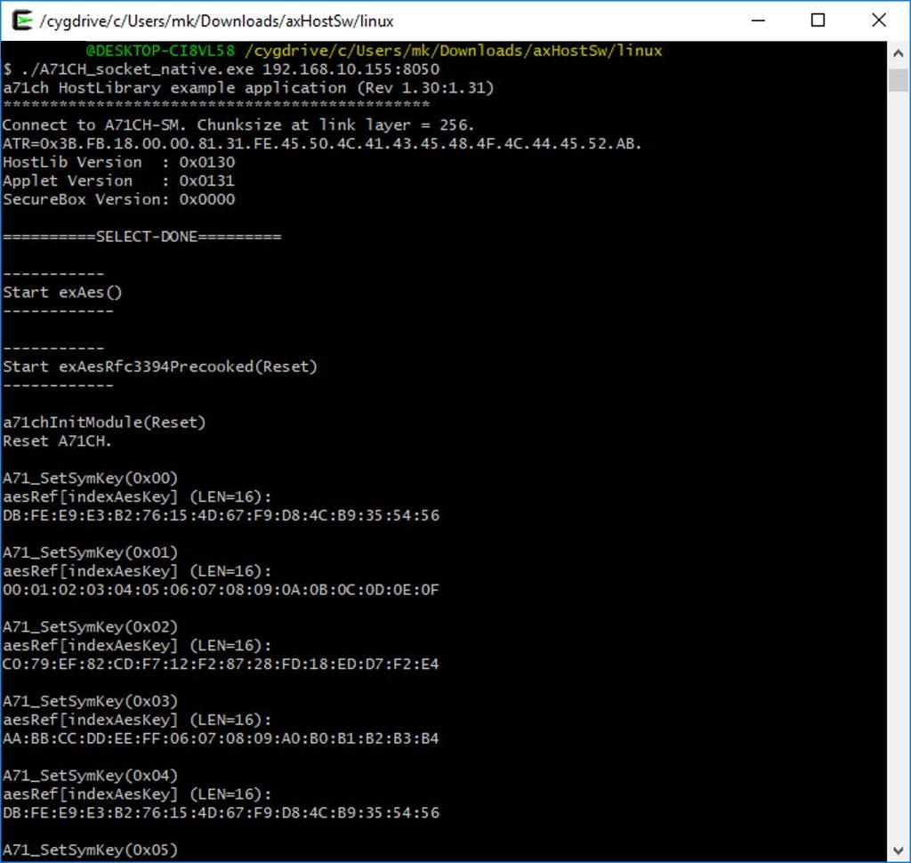 Fig 64. Running the A71CH Host API usage example using Cygwin.