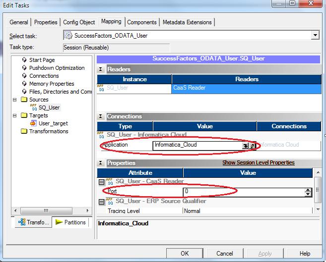 The following image shows the Mapping tab for the session SuccessFactor_ODATA_User: In the Connections on the right, Informatica_Cloud connection is selected by default. 9.