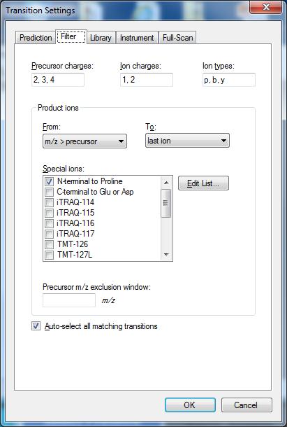 a. In the Filter tab, set desired precursor and ion charges, and also select ion types (p, b, y for precursor, b ions, y ions) as desired.