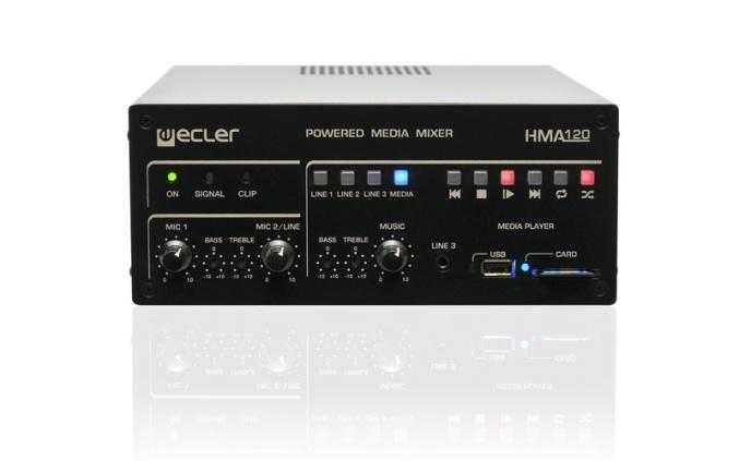 HMA120 MIXING AMPLIFIERS Self-Powered Media Mixer PRODUCT OVERVIEW Self-powered mixer including an integrated media player and 5 external audio inputs: 3 x LINE ST, 1 MIC/LINE and 1 MIC.