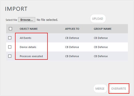 4. Click browse and locate the file named Cb Defense Knowledge Objects.etko. 5. Click on UPLOAD button. Figure 20 6. Select associated knowledge objects and click on Overwrite button. 7.