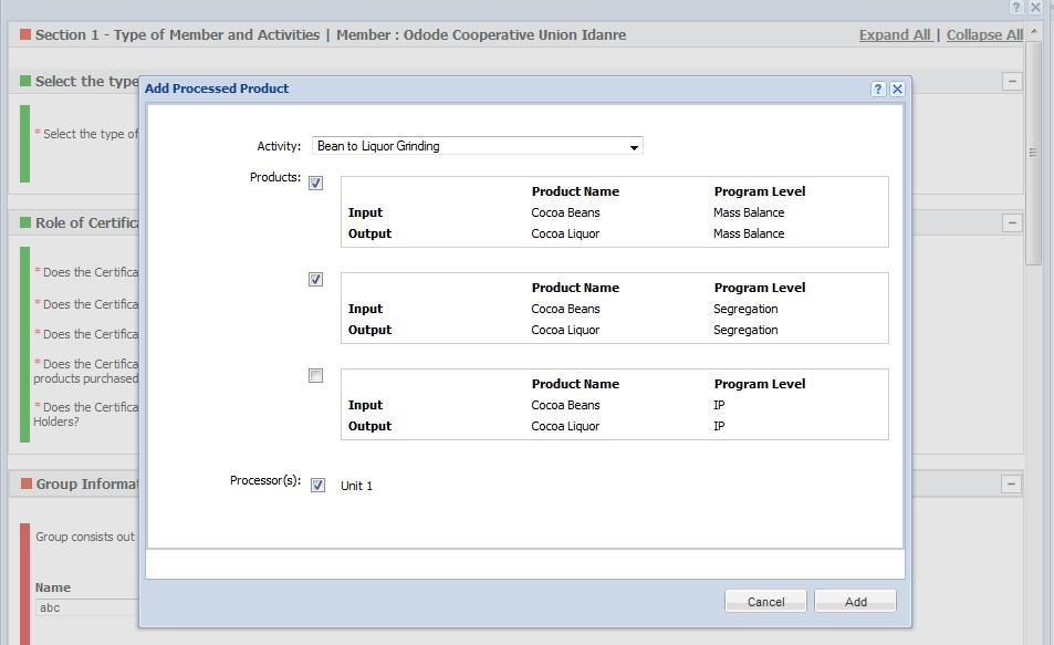 Select the input and output product combination which applies to the certified member by ticking the applicable box.