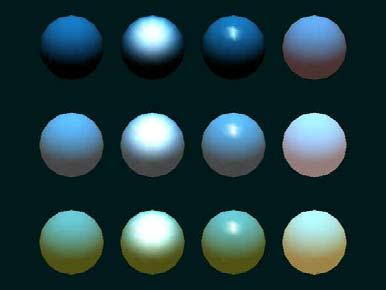 Material Properties Light Sources blue diffuse no specular white specular low shininess white specular high shininess blue diffuser emissive no ambient reflection gray ambient reflection blue ambient