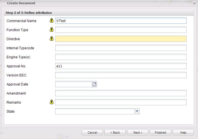 Step 2: Define attributes The attributes for the document can be entered in this step. Mandatory attributes must be filled, optional attributes may be left blank.