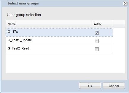 Pressing OK closes the dialog and adds the selected groups with the right read to the table. The right for a group is changed by activating the adequate checkbox in the table.