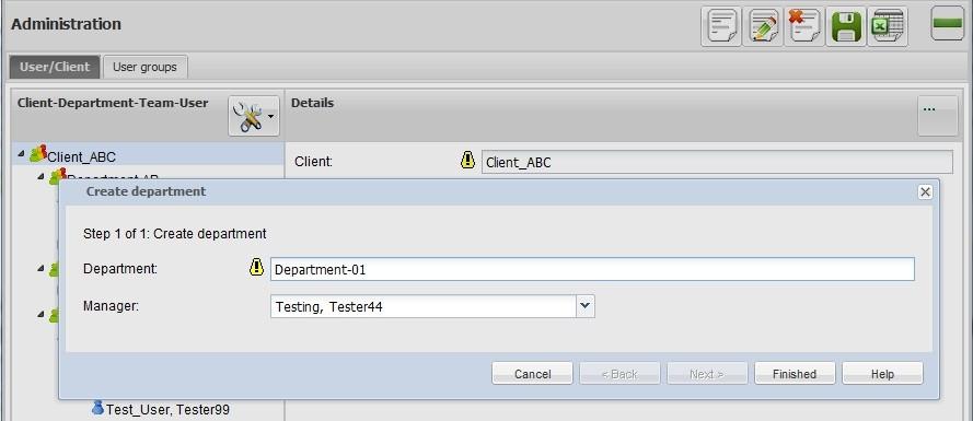 7.2.2 Department Create a department: select the client in the tree call New by pressing the default button or opening the context menu enter the data for the department in