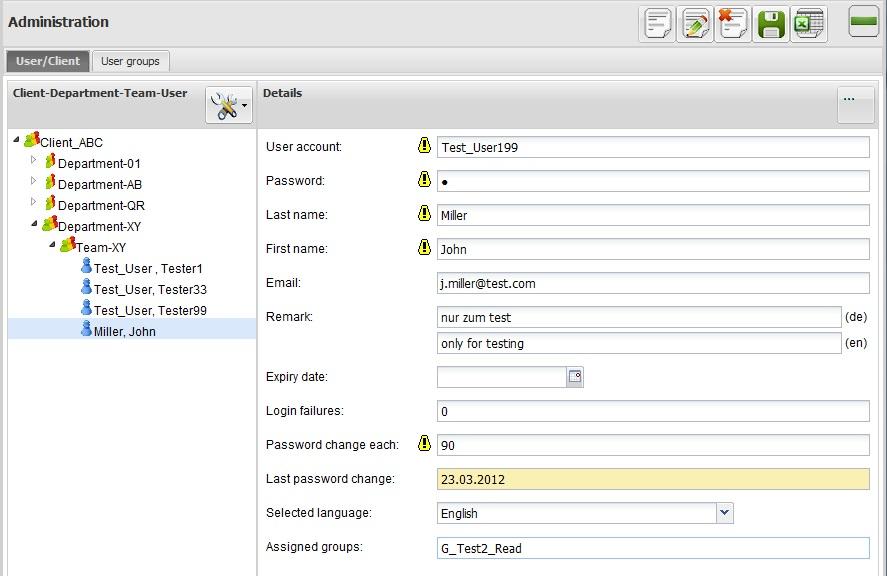 Edit user select the user in the tree edit the user s attributes in the details area Important specific features of some attributes are: Password: the client administrator may reset the password for