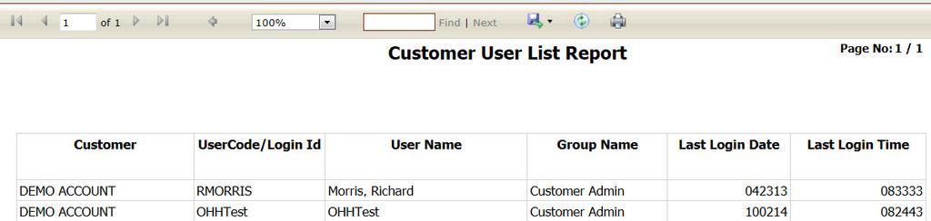 Below is an example of the Customer User List.