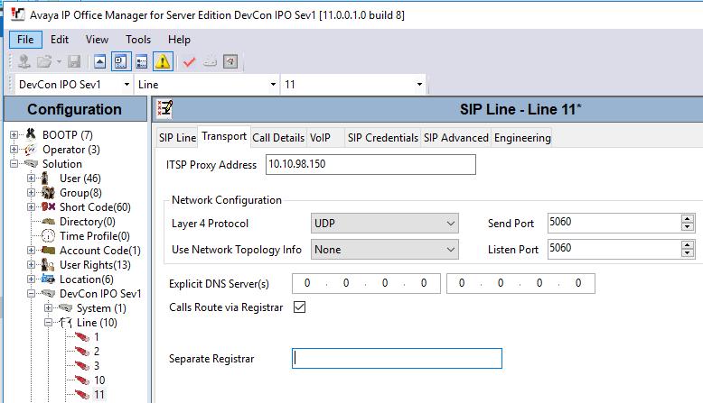 Select the Transport tab in the right pane and configure the following: ITSP Proxy Address: IP address of Trio Enterprise Server tevsipo1.